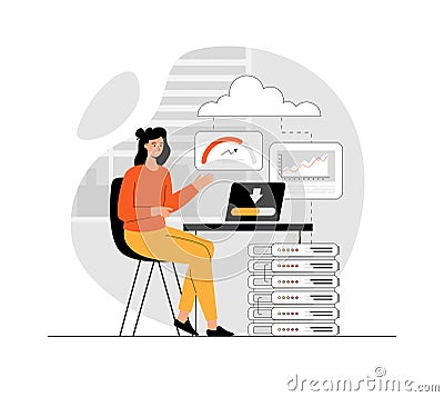 Cloud computing, online database, web hosting, web data center. Woman storing data on cloud server. Illustration with people Vector Illustration