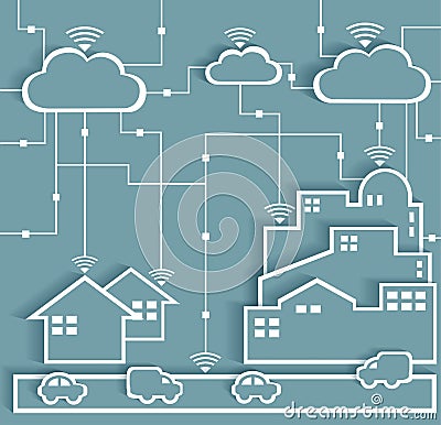 Cloud Computing Paper Cutout Stickers City and Suburb Network Vector Illustration