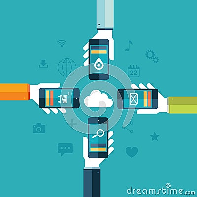 Cloud computing poster with human hands and smartphones vector illustration. Vector Illustration