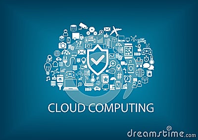 Cloud computing security. Security in the cloud concept with icons on blurred background Vector Illustration