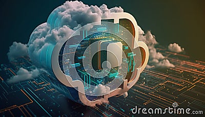 Cloud computing: server cpu chip with clouds on a mother board, Generative AI Stock Photo