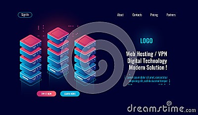 Cloud computing, server room rack isometric icon, big data processing, database data center, blockchain concept dark Vector Illustration