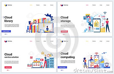 Cloud computing service, data online library vector illustrations, cartoon flat concept design for storage, online file Vector Illustration