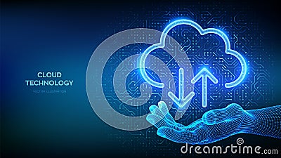 Cloud computing service. Cloud icon in wireframe hand. Secure Cloud Storage. Database storage, Data center. Upload download app. Vector Illustration