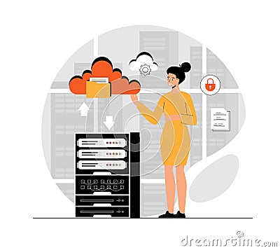 Cloud computing, storage concept. File transfer, data backup, document storage, cloud technology, upload and download. Vector Illustration