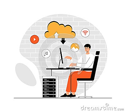 Cloud computing, storage, data center, file management concept. Man uploads data to cloud service, sync or makes backup. Vector Illustration
