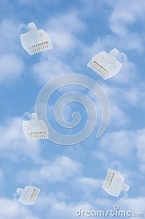 Cloud computing storage data security concept metaphor, bright blue summer sky cloudscape, vertical background, multiple ethernet Stock Photo