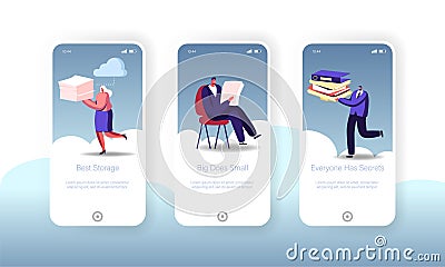 Cloud Computing Storage Mobile App Page Onboard Screen Template. Tiny People Characters Use Cyberspace Technology Vector Illustration