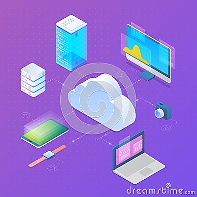 Cloud computing storage server sync technology Isometric Flat vector illustration. Connect to Cloud server with Mobile phone Vector Illustration