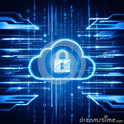 Cloud computing symbol with padlock on central cloud icon, binary background Stock Photo
