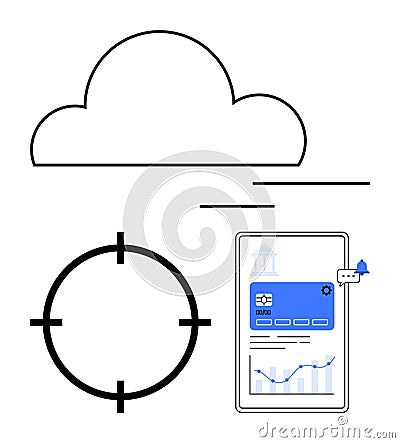 Cloud computing, targeting, and financial data analytics on a tablet screen Vector Illustration