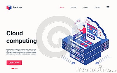 Cloud computing tech concept isometric landing page, admin working on server host center Vector Illustration