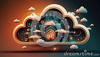 Cloud computing technology concept background, digital illustration, AI Generative Cartoon Illustration