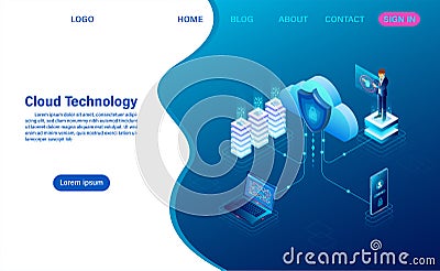 Cloud Computing technology Concept. Digital service or app with data transfering Vector Illustration