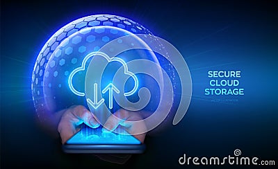 Cloud computing technology concept. Secure cloud storage. Secure data exchange via smartphone. Cloud icon inside transparent Vector Illustration