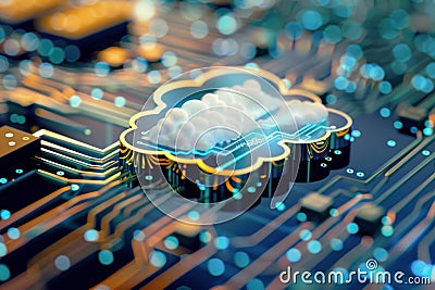 Cloud computing technology with data floating on motherboard circuit board Stock Photo
