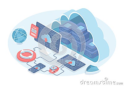 Cloud computing technology. Data servers with communication, devices secure connecting. Vector Illustration