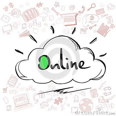 Cloud Computing Technology Device Set Internet Data Information Storage Doodle Vector Illustration