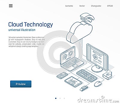 Cloud computing technology modern isometric line illustration. Database, online server, internet platform business Vector Illustration