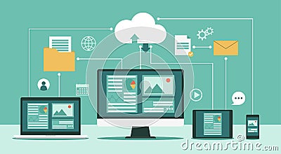 Cloud computing technology network with computer monitor, laptop, tablet, and smartphone Vector Illustration