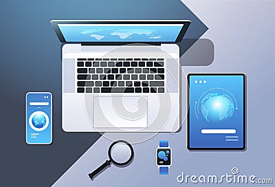 Cloud computing technology network sync concept top angle view desktop laptop smartphone tablet smart watch screen Vector Illustration