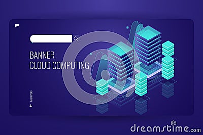 Cloud computing technology, remote data storage, server room data center concept, cloud database service, dark neon Vector Illustration