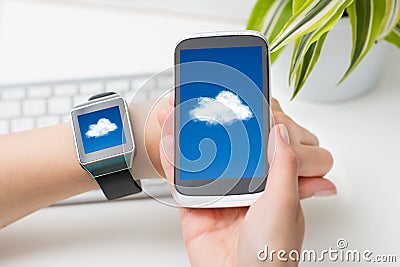Cloud computing technology with smart watch. Stock Photo