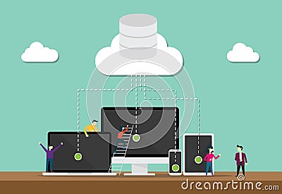 Cloud computing technology team develop or developer with cloud and data database Cartoon Illustration