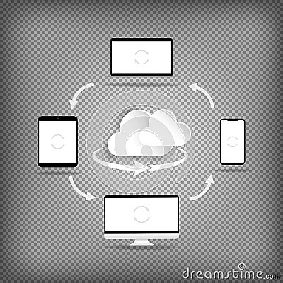 Cloud computing technology users network configuration. Exchange of information between different devices. Vector on isolated Vector Illustration
