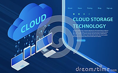 Cloud computing technology users network configuration isometric advertisement poster with pc monitor tablet phone laptop. Vector Illustration