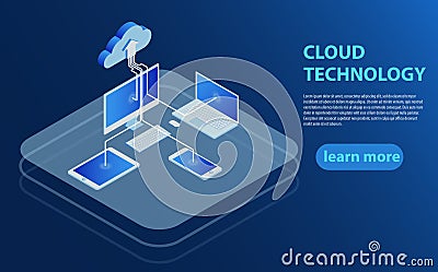 Cloud computing technology users network configuration isometric advertisement poster with pc monitor tablet phone laptop. Vector Illustration