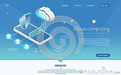 Cloud computing technology users network configuration isometric advertisement poster with phone Vector Illustration