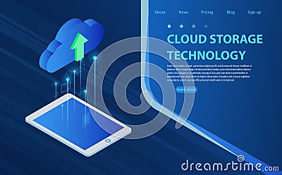 Cloud computing technology users network configuration isometric advertisement poster with tablet. Vector Illustration