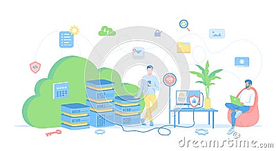 Cloud computing, Web services, Data storage, Hosting. Users connect to the cloud servers from laptop, computer, phone. Vector illu Vector Illustration