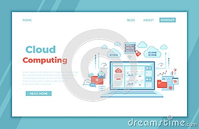 Cloud computing and web services, technology, data storage, hosting, connection. Login page and password on laptop screen, server Vector Illustration