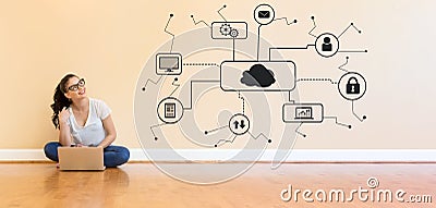 Cloud computing with young woman using a laptop computer Stock Photo