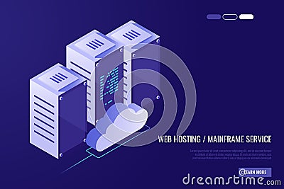 Cloud data center with hosting servers. Computer technology, network and database, internet center.Server racks with Vector Illustration