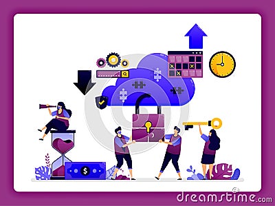 Cloud data center illustration. cybersecurity system technology for big data database storage and user account access. Design can Vector Illustration