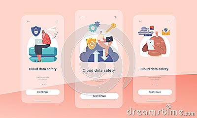Cloud Data Safety Mobile App Page Onboard Screen Template. People Work On Pc With Protected Server Or Hard Disk Software Vector Illustration
