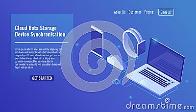 Cloud data server storage, electronic devices data synchronization, mobile phone smartphone, smartwatch, laptop Vector Illustration