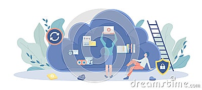 Cloud Data Storage. Electronic file organization service, information backup, transfer, synchronization. Vector illustration Vector Illustration