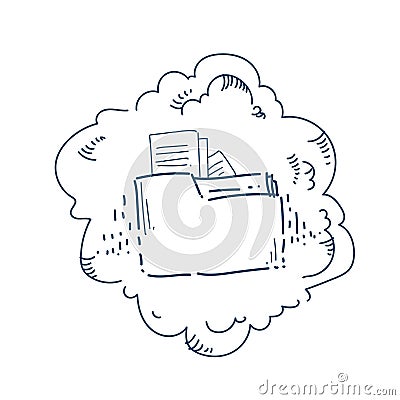 Cloud data storage folder file sharing service concept over white background sketch doodle banner Vector Illustration