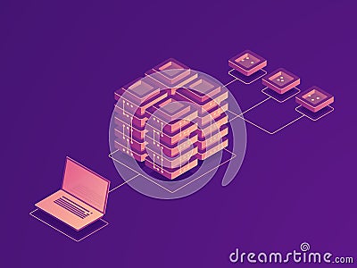 Cloud data storage, internet traffic routing, server room, laptop data flow, data uploading on remote server isometric Vector Illustration