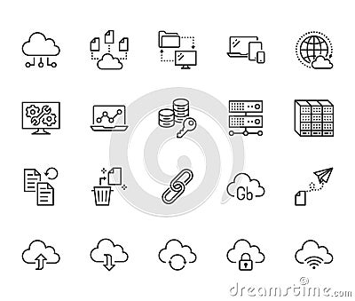 Cloud data storage line icons set. Database, information storage, server center, global network, backup, download vector Vector Illustration