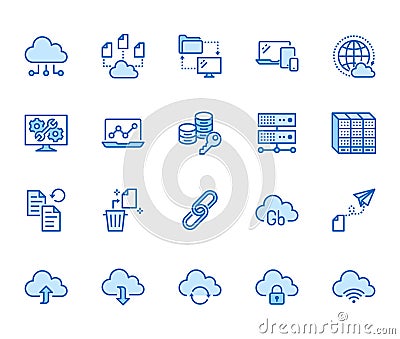 Cloud data storage line icons set. Database, information storage, server center, global network, backup, download vector Vector Illustration