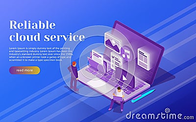 Cloud data storage and remote data access flat 3d isometric business concept. People stand at the open laptop. 3d multimedia files Vector Illustration