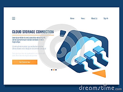 Cloud data storage, remote technology, networking connection, file share access for team, server room and datacenter Vector Illustration