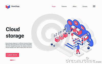 Cloud data storage service concept isometric landing page, people transfer media files Vector Illustration