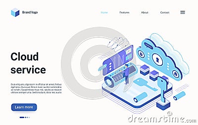 Cloud data tech service isometric landing page, technician engineer in server room Vector Illustration