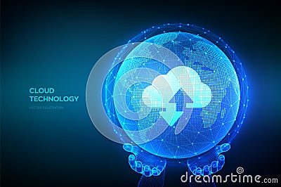 Cloud data technology abstract concept. Cloud storage icon with two arrows up and down on the background of the world map. Cloud Vector Illustration